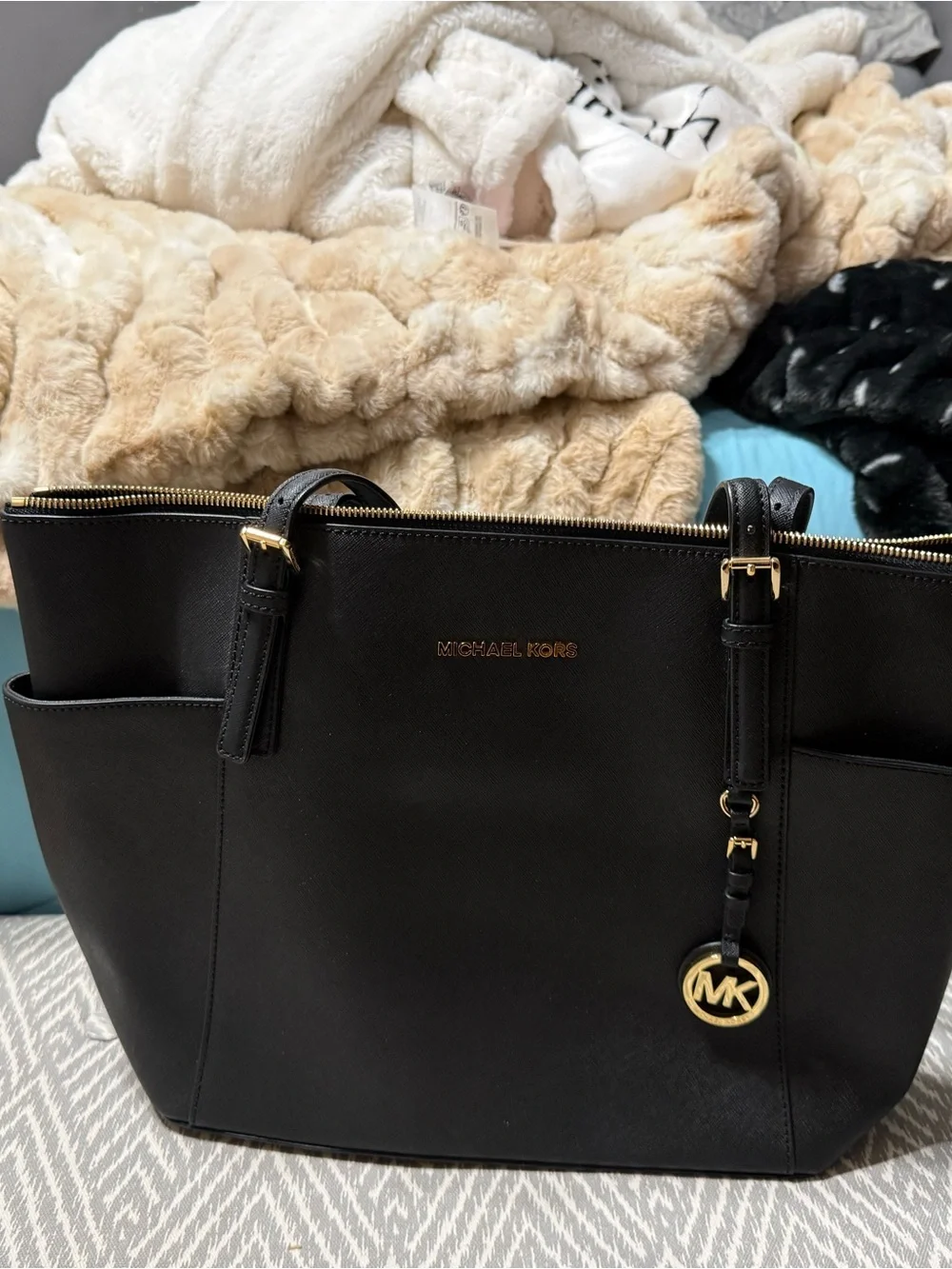 Michael Kors Black Saffiano Tote with Gold Logo Accent